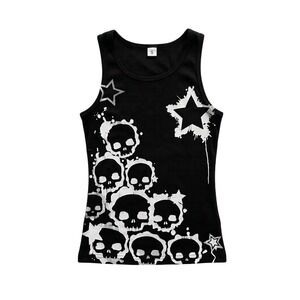 Ribbed Skull Star Graphic Black Tank Top Womens Small Alt Grunge Y2K